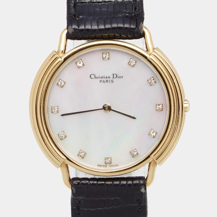 Pre Owned Christian Dior Mother Of Pearl Gold Plated Stainless Steel Lizard Leather Diamond D59-121-2 Women's Wristwatch 32 mm