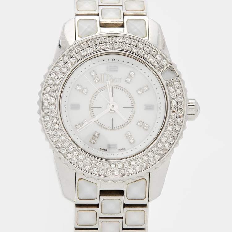 Pre Owned Dior White Diamond  Stainless Steel Christal CD112118 Women's Wristwatch 28 mm