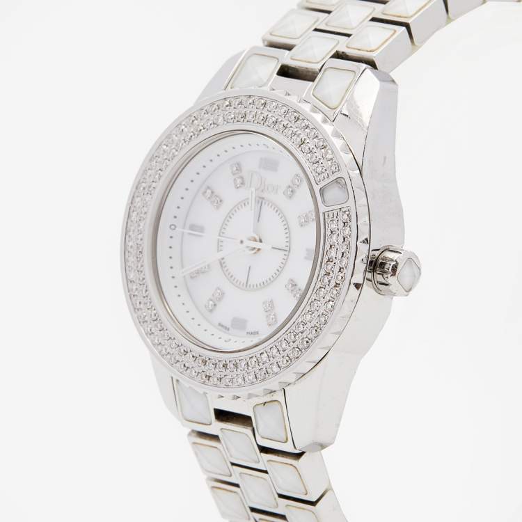 Pre Owned Dior White Diamond  Stainless Steel Christal CD112118 Women's Wristwatch 28 mm