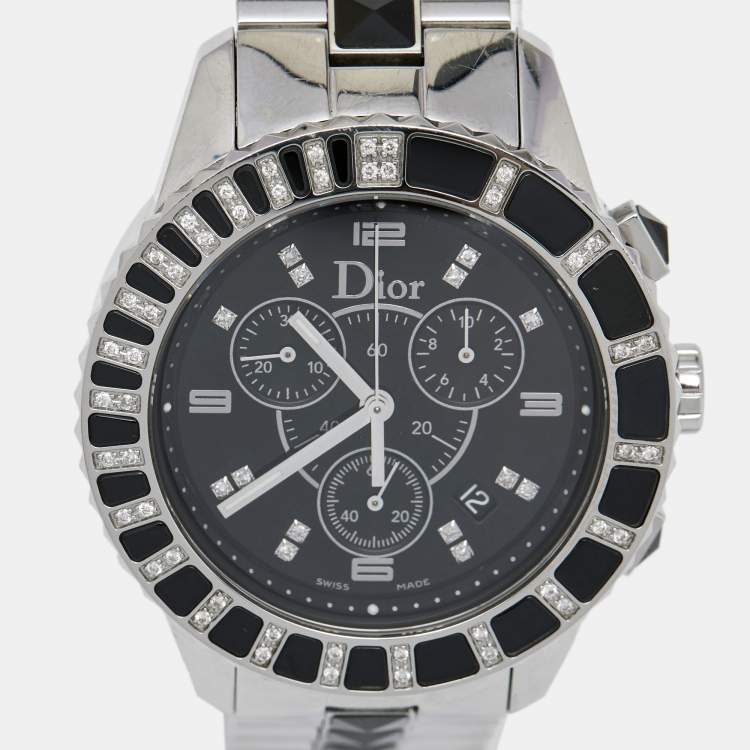 Pre Owned Dior Black Stainless Steel Diamond Christal CD11431E Women's Wristwatch 38 mm