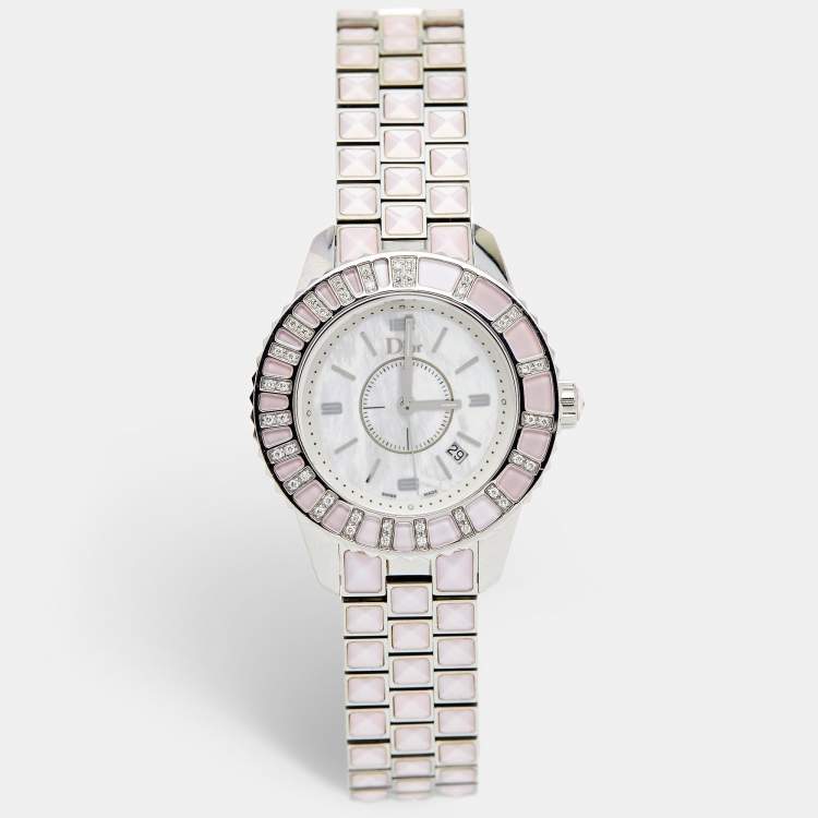 Pre Owned Dior Mother of Pearl Diamond Stainless Steel Christal CD113110M002 Women's Wristwatch 33 mm 