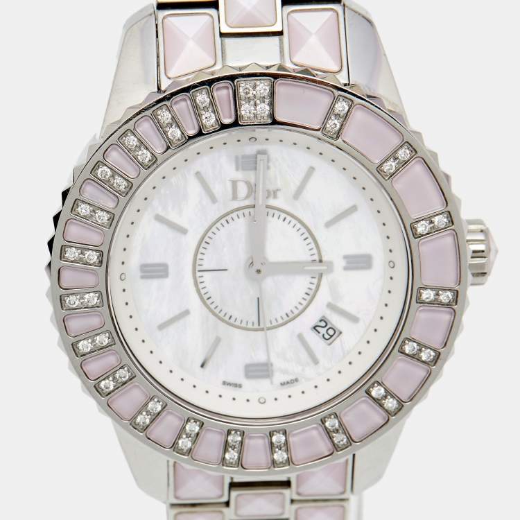 Pre Owned Dior Mother of Pearl Diamond Stainless Steel Christal CD113110M002 Women's Wristwatch 33 mm 