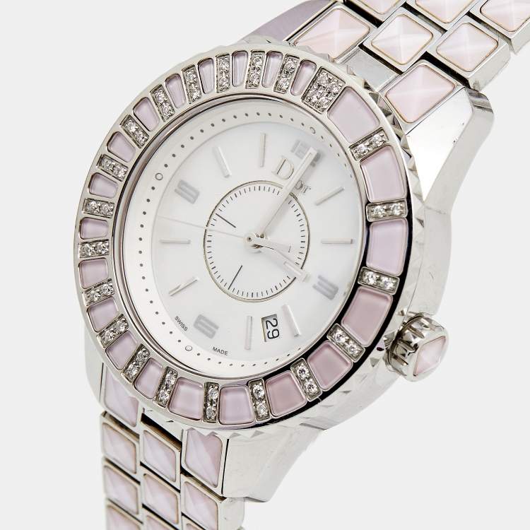 Pre Owned Dior Mother of Pearl Diamond Stainless Steel Christal CD113110M002 Women's Wristwatch 33 mm 