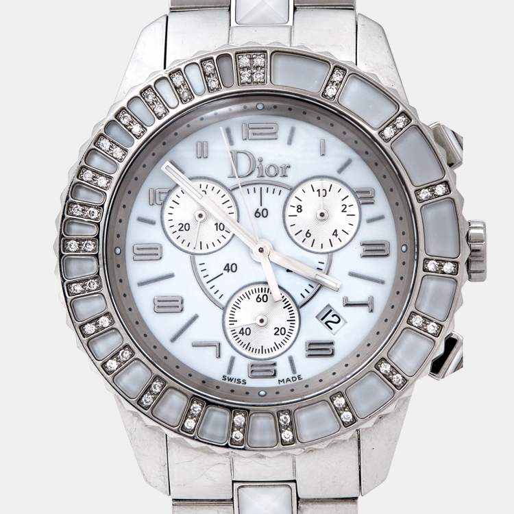 Pre Owned Dior White Stainless Steel Diamond Christal CD114311M001 Women's Wristwatch 38 mm