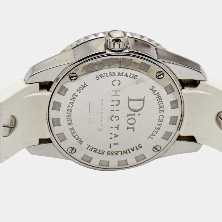 Pre Owned Dior White Stainless Steel Rubber Diamonds Christal CD112113R001 Women's Wristwatch 28 mm
