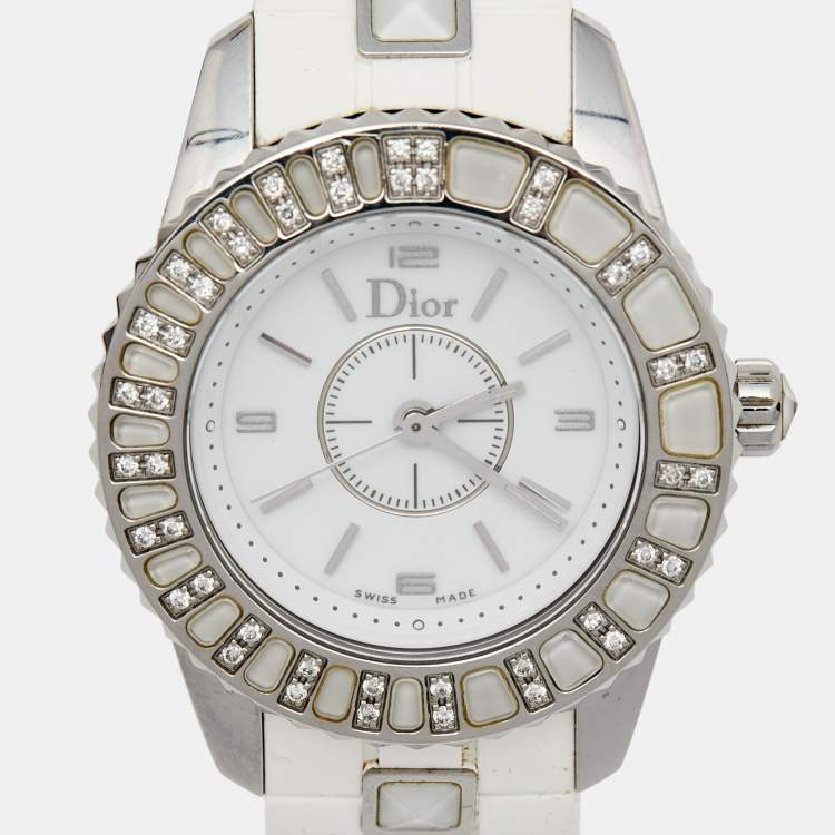 Pre Owned Dior White Stainless Steel Rubber Diamonds Christal CD112113R001 Women's Wristwatch 28 mm