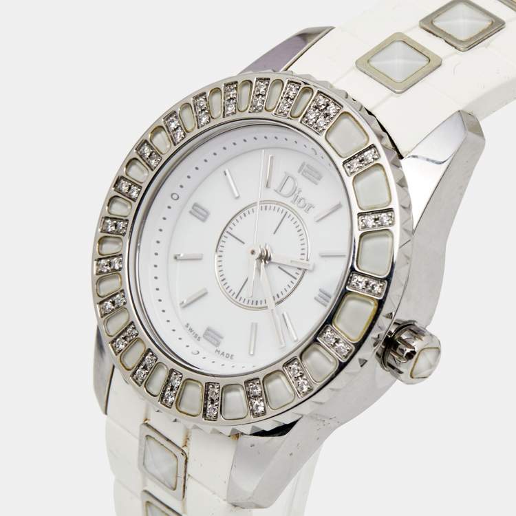 Pre Owned Dior White Stainless Steel Rubber Diamonds Christal CD112113R001 Women's Wristwatch 28 mm