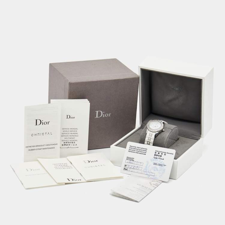 Pre Owned Dior White Stainless Steel Rubber Diamonds Christal CD112113R001 Women's Wristwatch 28 mm