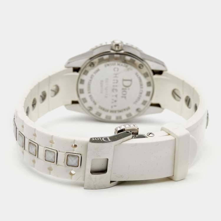 Pre Owned Dior White Stainless Steel Rubber Diamonds Christal CD112113R001 Women's Wristwatch 28 mm