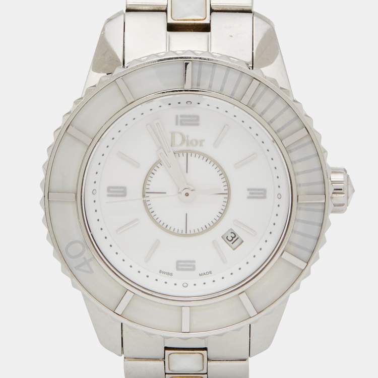 Pre Owned Dior White Stainless Steel Christal CD113111 Women's Wristwatch 33 mm