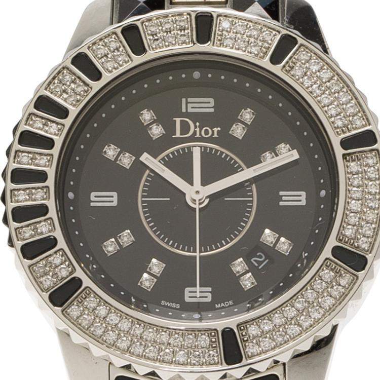 Pre Owned Dior Black Stainless Steel Diamond Christal Women's Wristwatch 33 mm