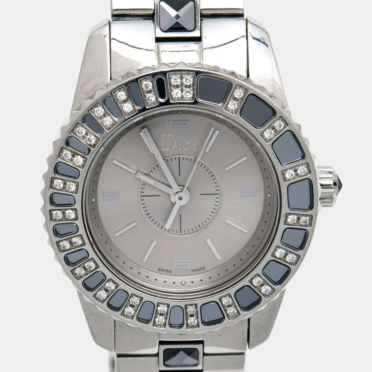 Pre Owned Dior Grey Stainless Steel Christal CD112115M001 Women's Wristwatch 29 mm