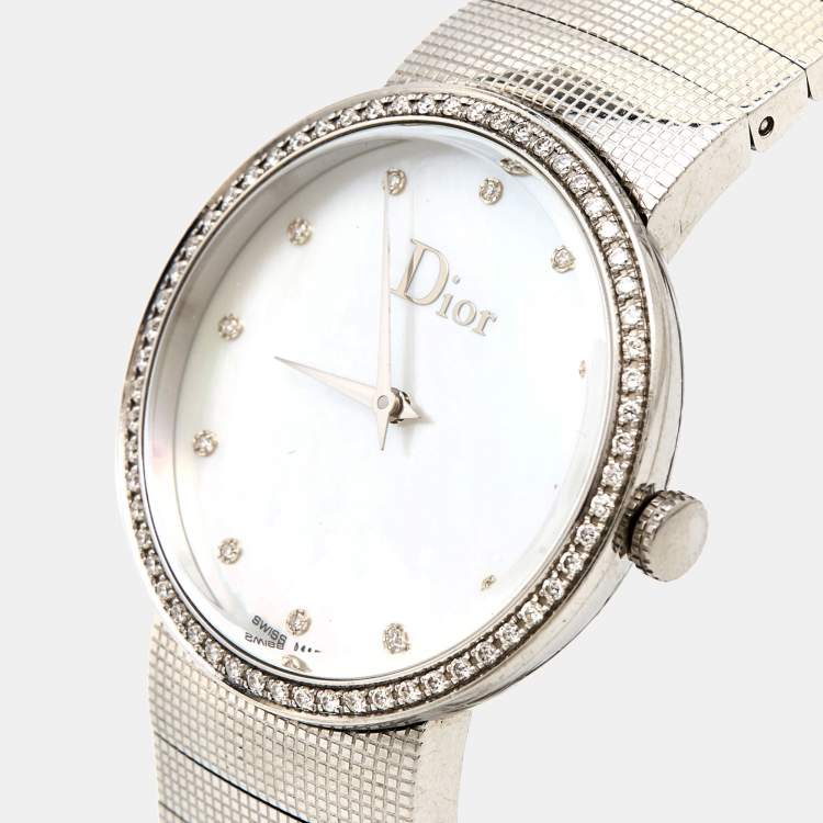 Pre Owned Dior Mother of Pearl Diamond Stainless Steel La D De Dior CD042111M002 Women's Wristwatch 33 mm
