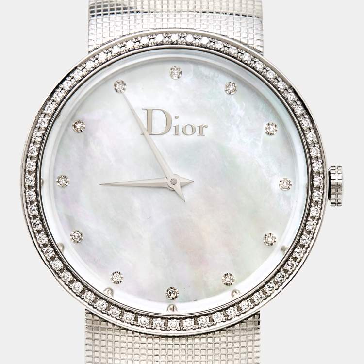 Pre Owned Dior Mother of Pearl Diamond Stainless Steel La D De Dior CD042111M002 Women's Wristwatch 33 mm