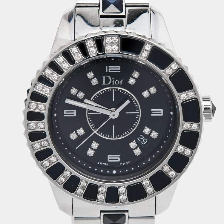 Pre Owned Dior Black Stainless Steel Diamonds Christal CD113115 Women's Wristwatch 33 mm