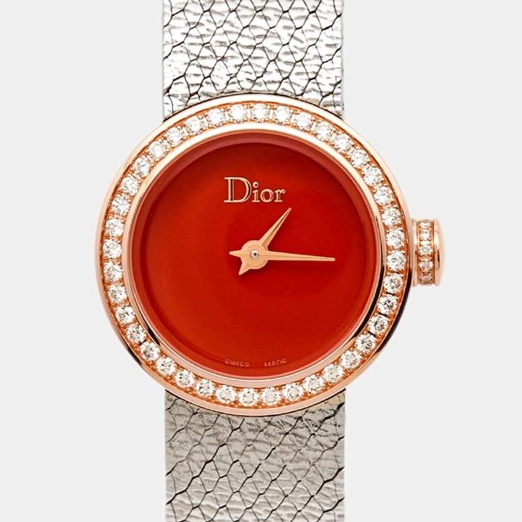 Pre Owned Dior Red 18k Rose Gold Stainless Steel Diamonds La De Dior CD04012X1001 Women's Wristwatch 19 mm 