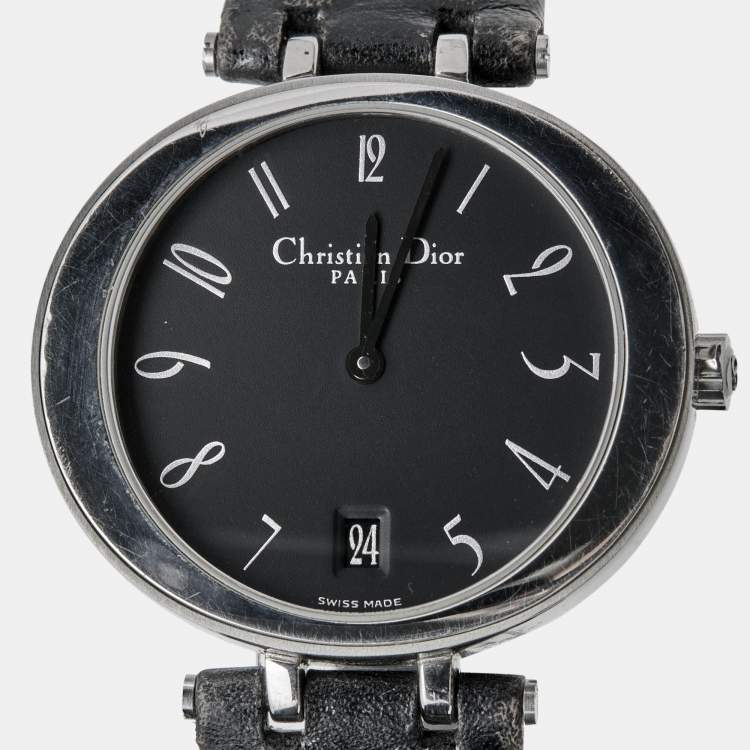 Pre Owned Christian Dior Black Stainless Steel Leather D75-100 Women's Wristwatch 35 mm 
