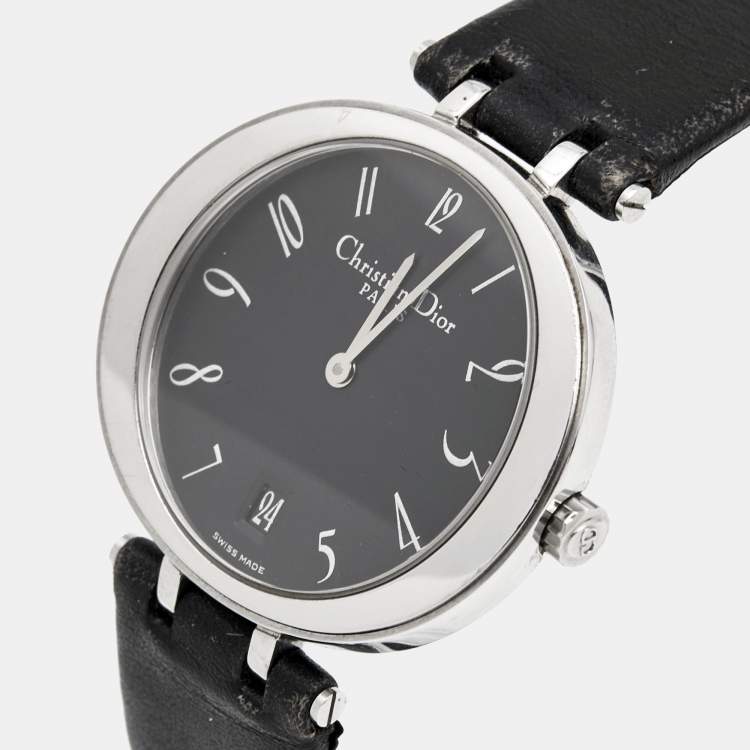 Pre Owned Christian Dior Black Stainless Steel Leather D75-100 Women's Wristwatch 35 mm 