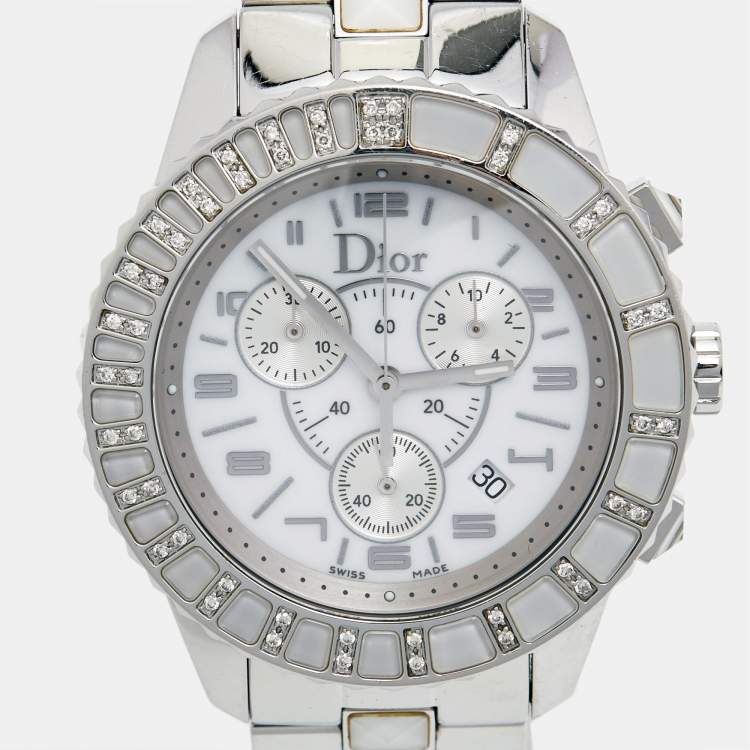Pre Owned Dior White Stainless Steel Diamonds Christal CD114311 Women's Wristwatch 38 mm