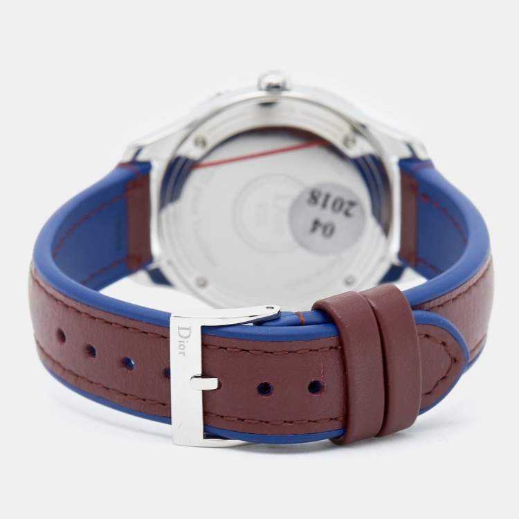 Pre Owned Dior Burgundy Mother Of Pearl Diamond Stainless Steel Leather VIII Place Vendome CD152110A002 Women's Wristwatch 32 mm