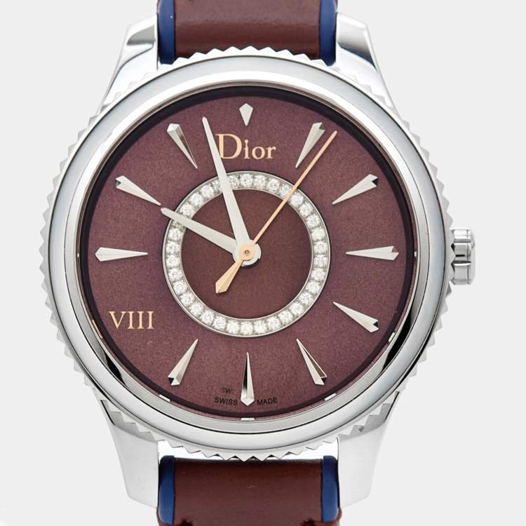 Pre Owned Dior Burgundy Mother Of Pearl Diamond Stainless Steel Leather VIII Place Vendome CD152110A002 Women's Wristwatch 32 mm