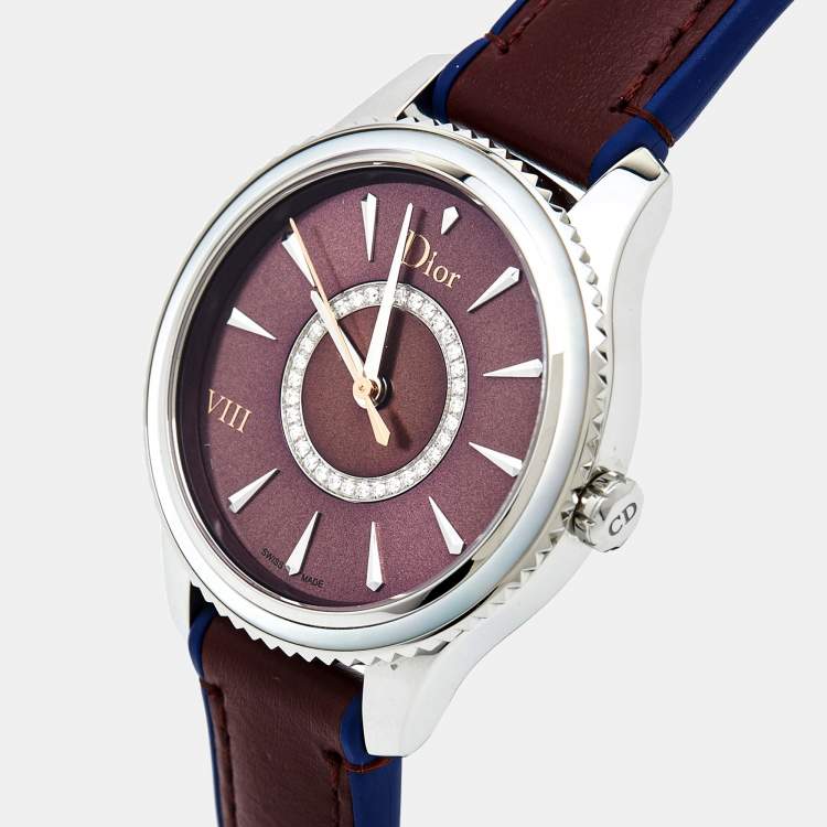 Pre Owned Dior Burgundy Mother Of Pearl Diamond Stainless Steel Leather VIII Place Vendome CD152110A002 Women's Wristwatch 32 mm