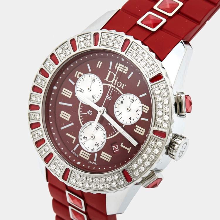 Pre Owned Dior Red Stainless Steel Diamond Rubber Christal CD11431BR001 Women's Wristwatch 38 mm