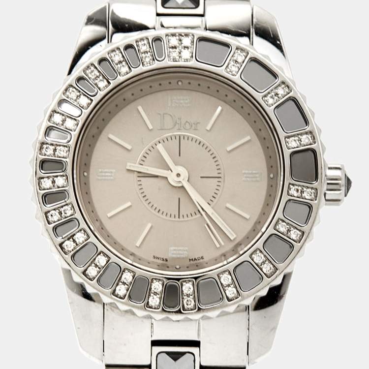 Pre Owned Dior Grey Stainless Steel Diamond Christal CD112115M001 Women's Wristwatch 28 mm