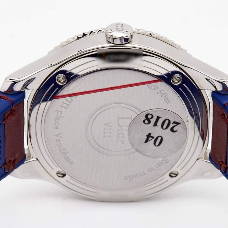 Pre Owned Dior Burgundy Mother Of Pearl Diamond Stainless Steel Leather VIII Place Vendome CD152110A002 Women's Wristwatch 32 mm