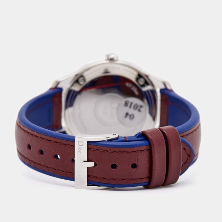 Pre Owned Dior Burgundy Mother Of Pearl Diamond Stainless Steel Leather VIII Place Vendome CD152110A002 Women's Wristwatch 32 mm