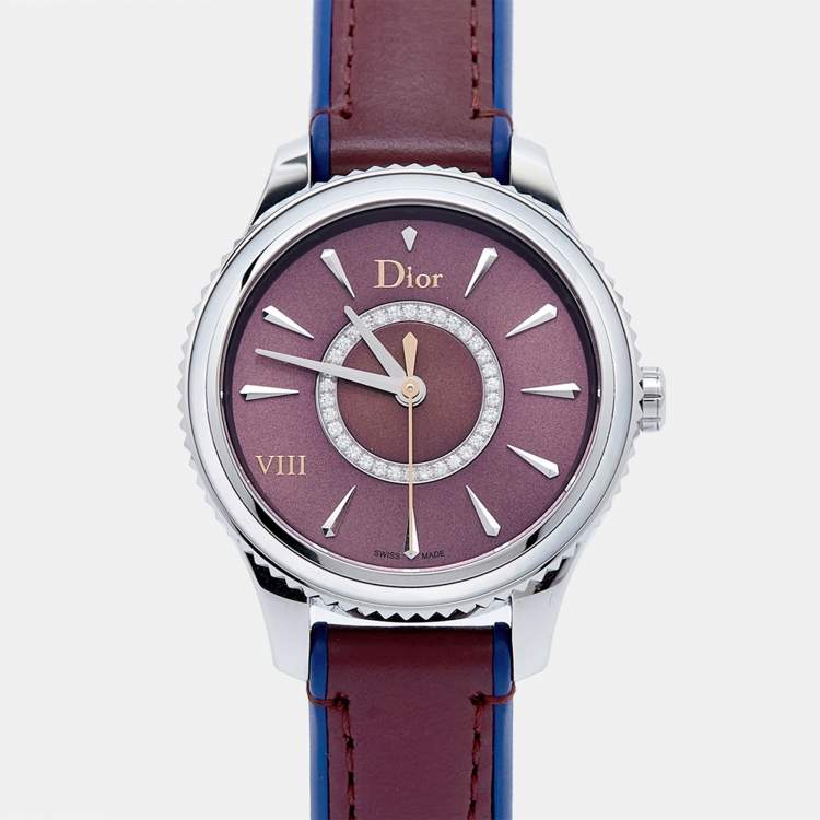 Pre Owned Dior Burgundy Mother Of Pearl Diamond Stainless Steel Leather VIII Place Vendome CD152110A002 Women's Wristwatch 32 mm