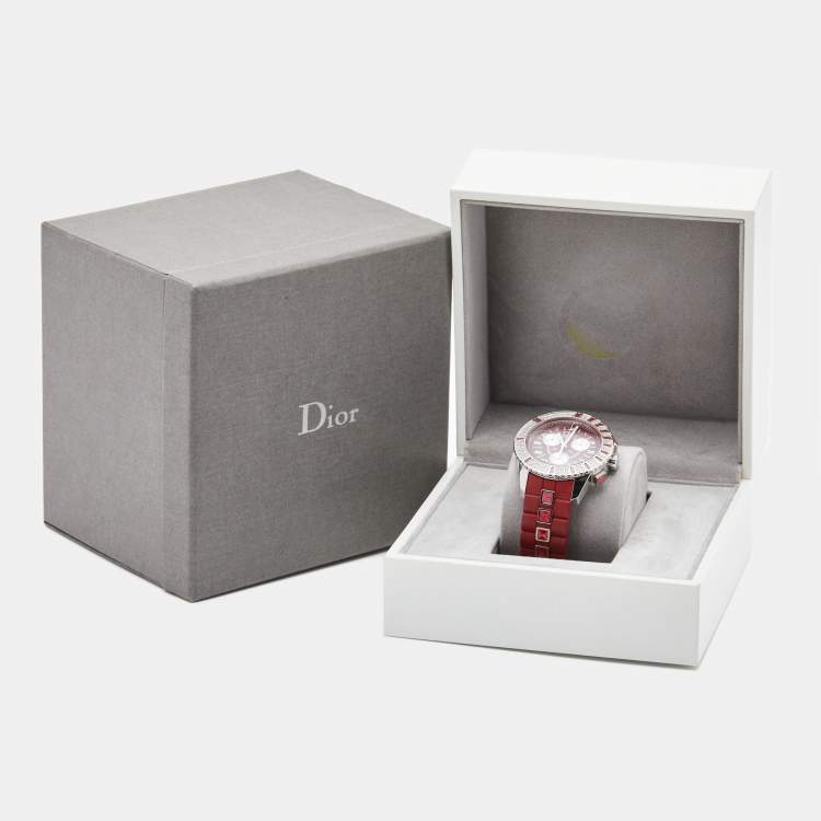 Pre Owned Dior Red Stainless Steel Diamond Rubber Christal CD11431BR001 Women's Wristwatch 38 mm