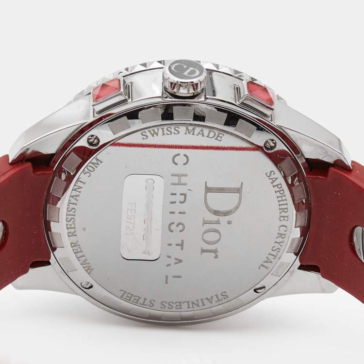 Pre Owned Dior Red Stainless Steel Diamond Rubber Christal CD11431BR001 Women's Wristwatch 38 mm