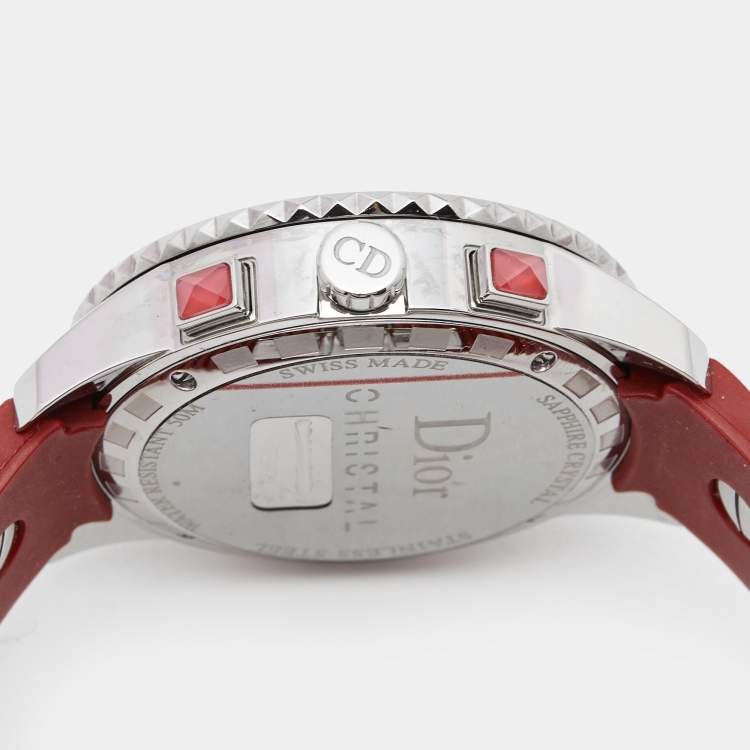 Pre Owned Dior Red Stainless Steel Diamond Rubber Christal CD11431BR001 Women's Wristwatch 38 mm