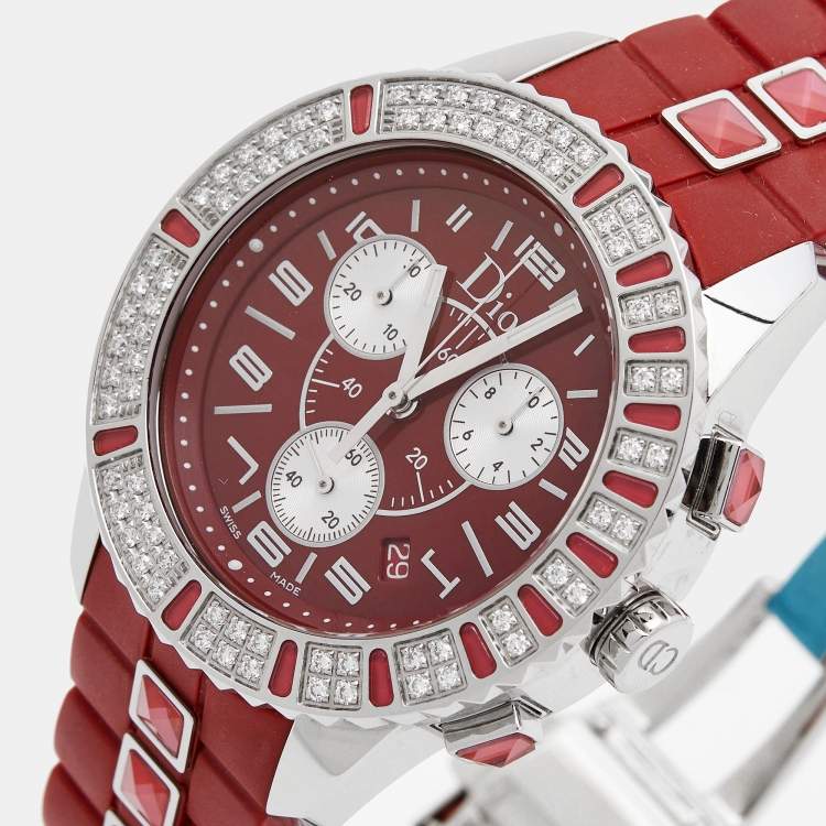 Pre Owned Dior Red Stainless Steel Diamond Rubber Christal CD11431BR001 Women's Wristwatch 38 mm