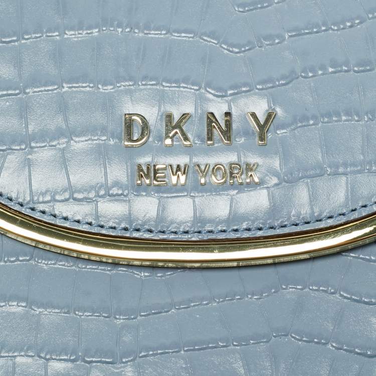 Pre Owned DKNY Light Blue Croc Embossed Leather Faith Flap Bucket Bag