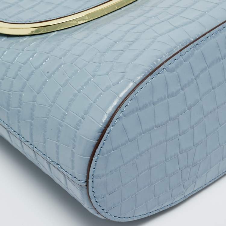 Pre Owned DKNY Light Blue Croc Embossed Leather Faith Flap Bucket Bag