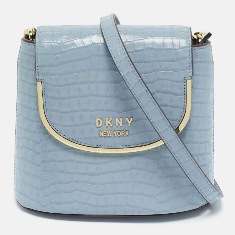 Pre Owned DKNY Light Blue Croc Embossed Leather Faith Flap Bucket Bag