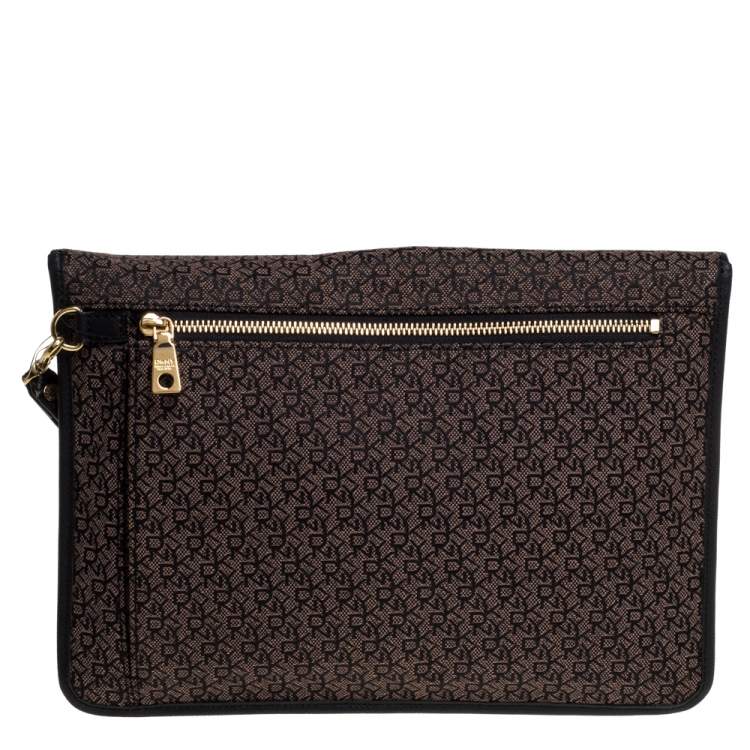 Pre Owned Dkny Brown/Black Canvas and Leather Wristlet Clutch