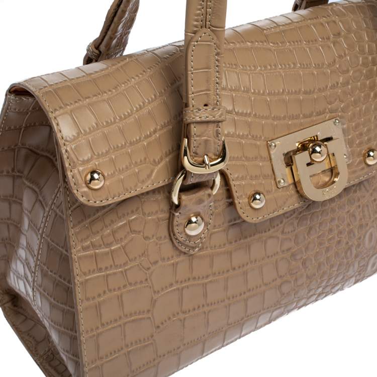 Pre Owned DKNY Beige Croc Embossed Leather Satchel