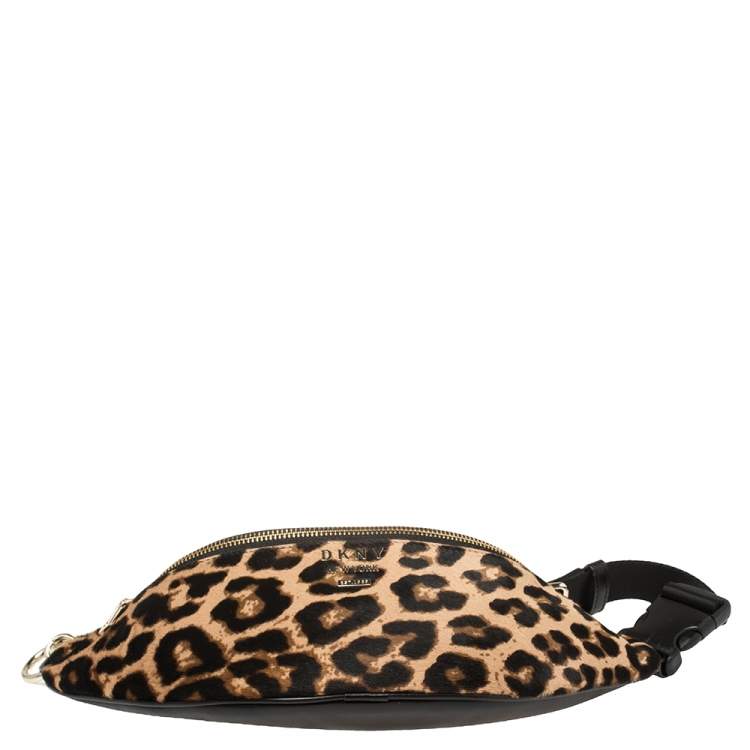 Pre Owned DKNY Black/Brown Leopard Print Leather and Calfhair Kim Belt Bag