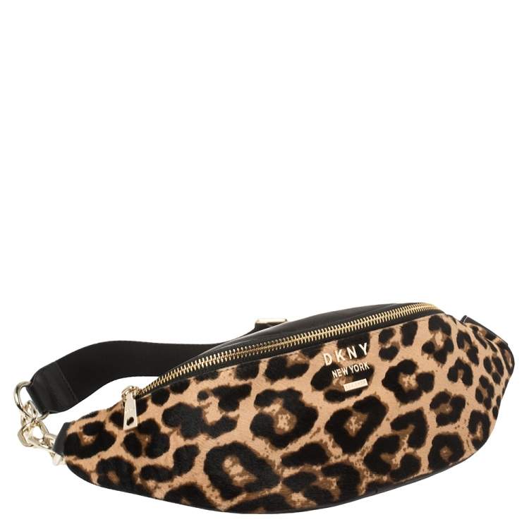 Pre Owned DKNY Black/Brown Leopard Print Leather and Calfhair Kim Belt Bag