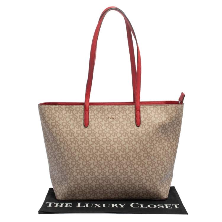 Pre Owned Dkny Beige/Red Signature Coated Canvas and Leather Large Bryant Tote