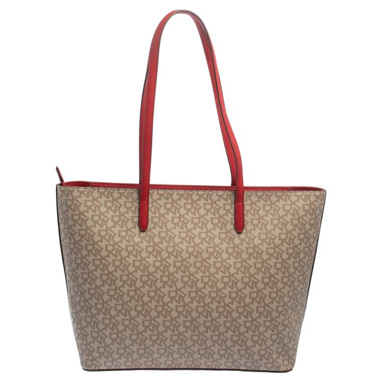 Pre Owned Dkny Beige/Red Signature Coated Canvas and Leather Large Bryant Tote