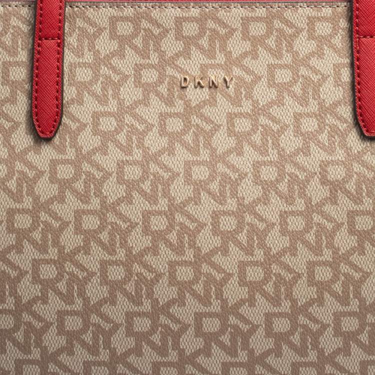 Pre Owned Dkny Beige/Red Signature Coated Canvas and Leather Large Bryant Tote