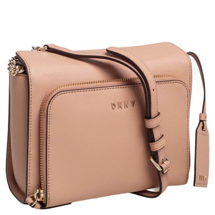 Pre Owned DKNY Beige Saffiano Leather Small Bryant Park Pocket Crossbody Bag
