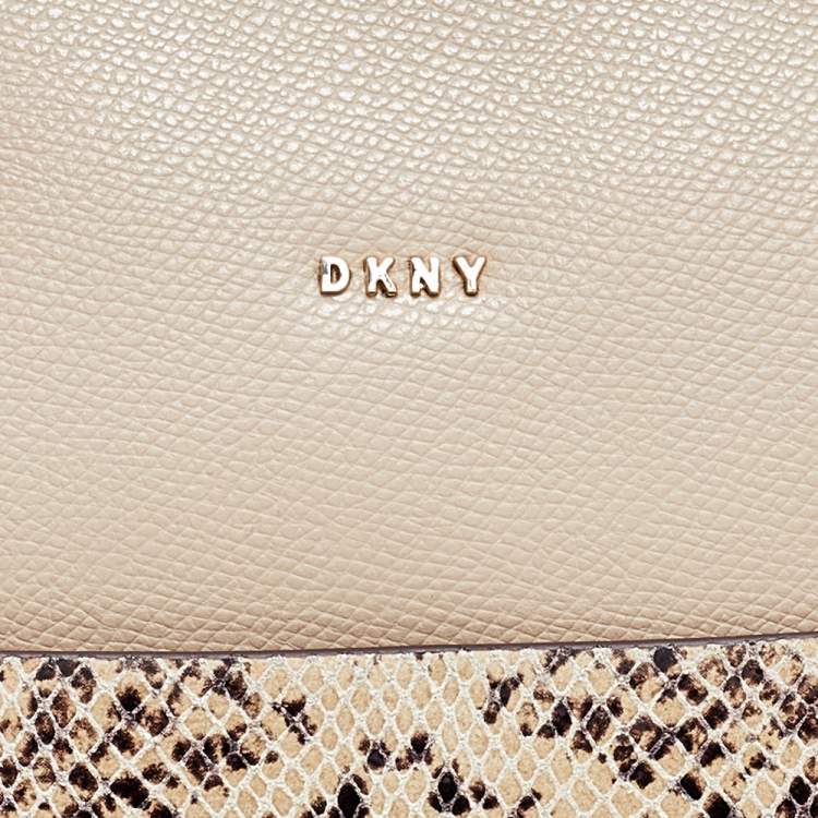 Pre Owned DKNY Beige Leather And Python Effect Leather Bryant Top-Zip Tote