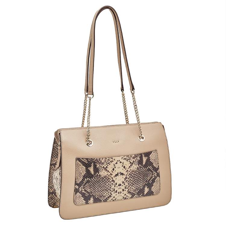 Pre Owned DKNY Beige Leather And Python Effect Leather Bryant Top-Zip Tote