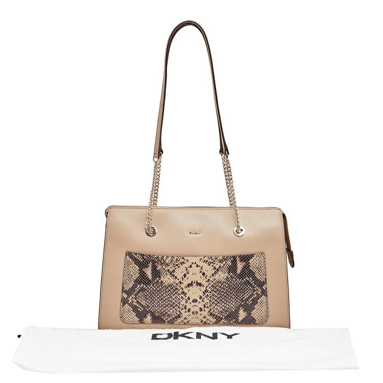 Pre Owned DKNY Beige Leather And Python Effect Leather Bryant Top-Zip Tote
