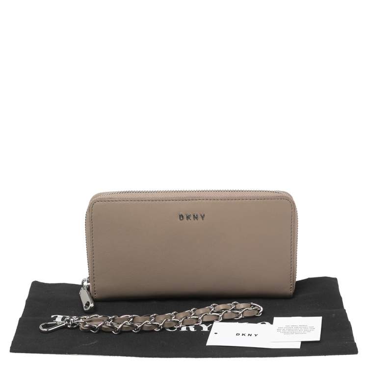 Pre Owned DKNY Taupe Leather Zip Around Wristlet Wallet